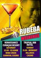 May be an image of 1 person and text that says 'RUBEBA ENTERTAINMENT MUSIC WEEKENDS RENAISSANCE TRUPIAL INN CURAÇAO RESORT HOTEL SATURDAY SUNDAY 22:00- 02:00AM 21:00- MIDNIGHT WIND CREEK HILLROSS CARNIVAL CASINO CASINO'